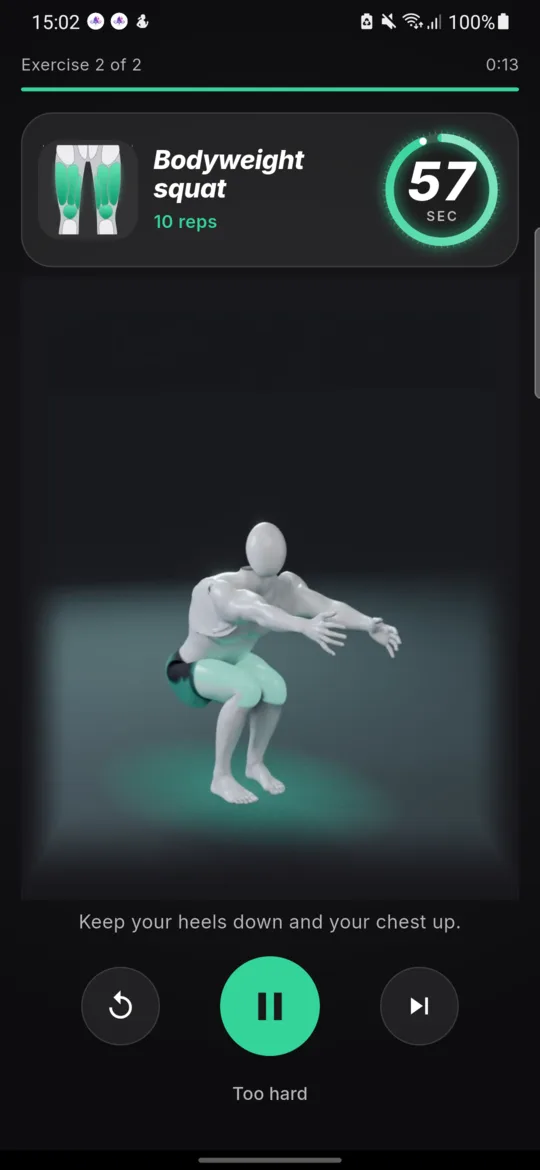 A Movemint workout: the exercise name, a countdown ring and a muscle map above a 3D figure